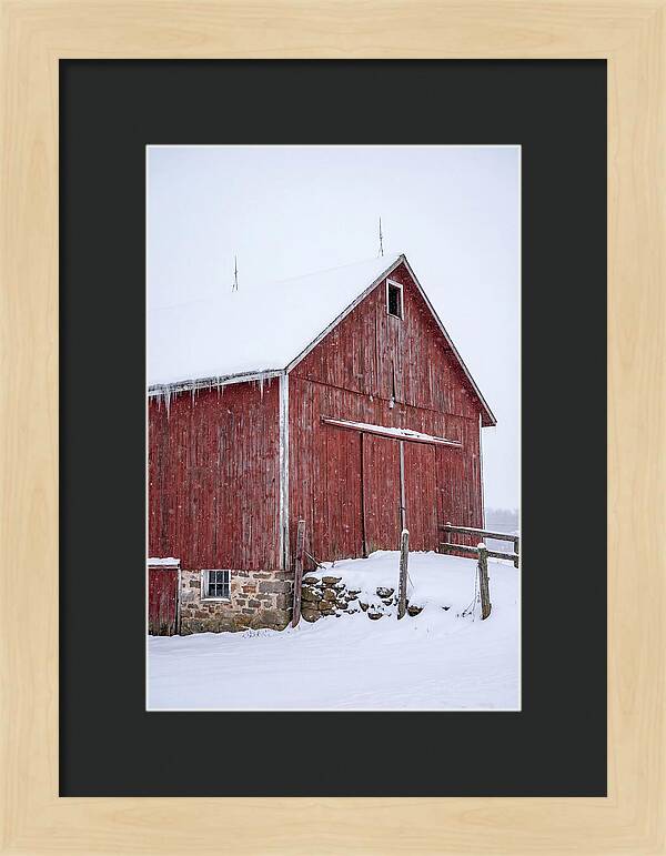 Weathered Red Barn In Snow