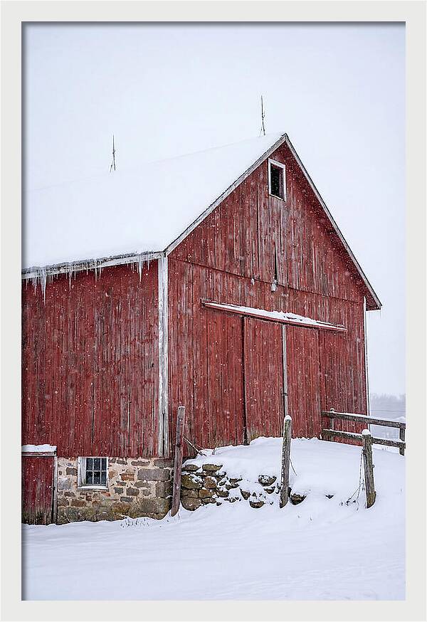 Weathered Red Barn In Snow