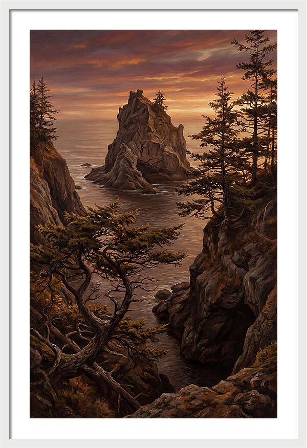 Weathered Sea Stack Silhouetted Against Sunset