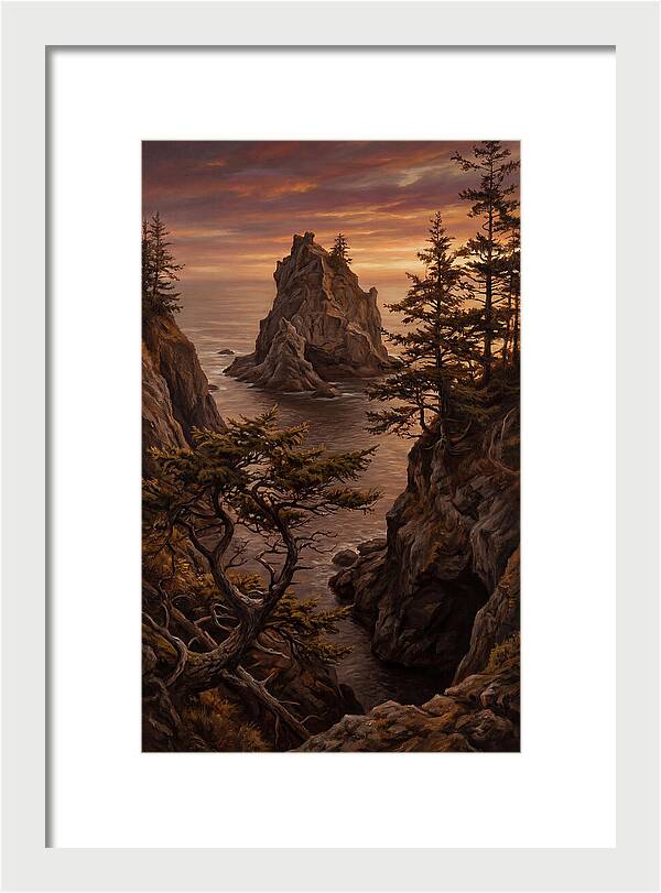 Weathered Sea Stack Silhouetted Against Sunset