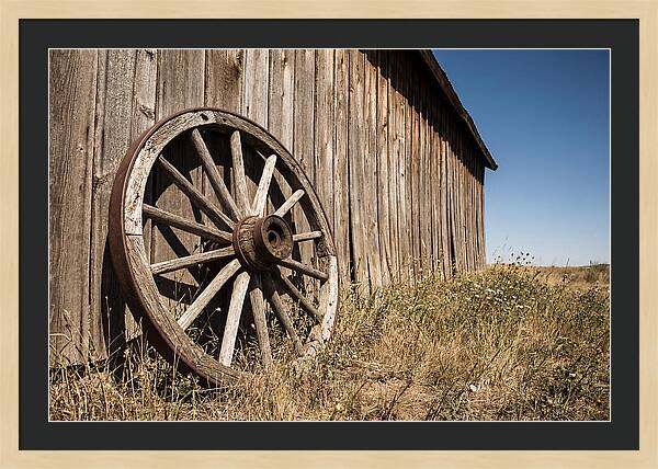 Weathered Wagon Wheel Against Barn