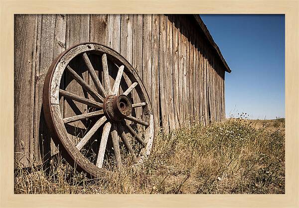 Weathered Wagon Wheel Against Barn