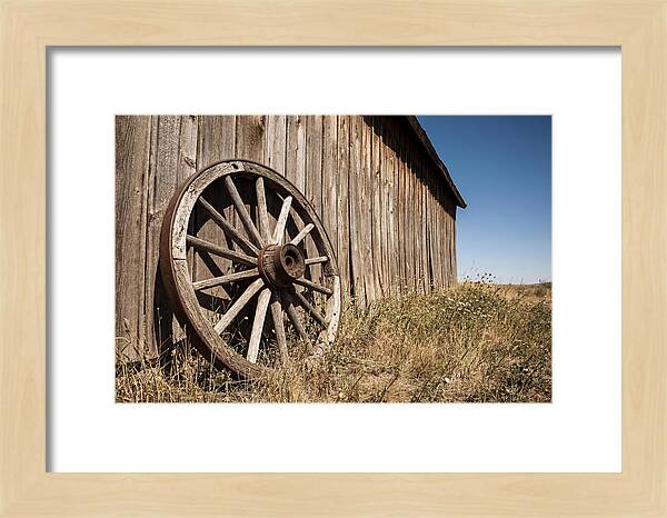 Weathered Wagon Wheel Against Barn