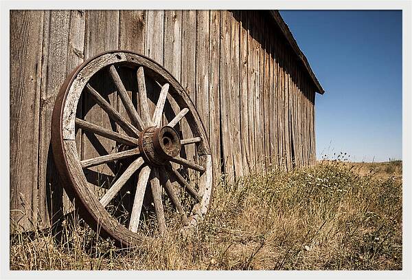 Weathered Wagon Wheel Against Barn