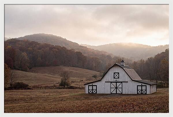 White Barn Against Autumn Landscape