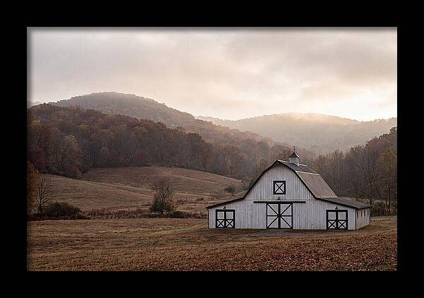 White Barn Against Autumn Landscape