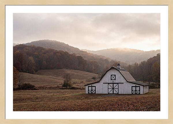 White Barn Against Autumn Landscape