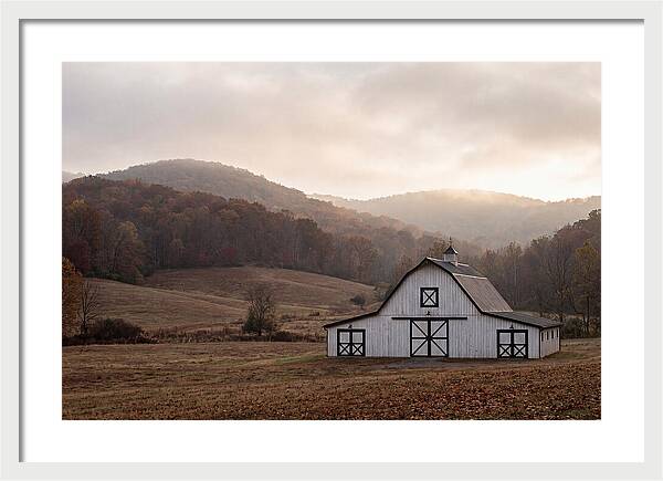White Barn Against Autumn Landscape