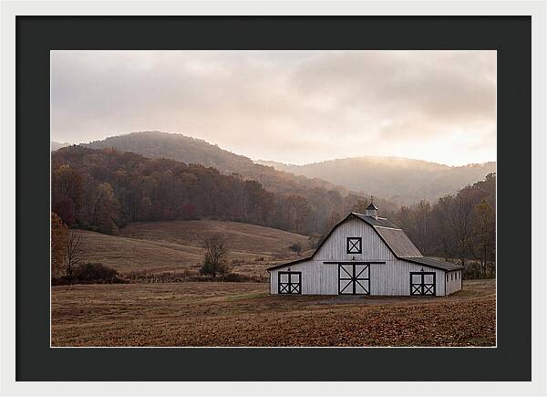 White Barn Against Autumn Landscape