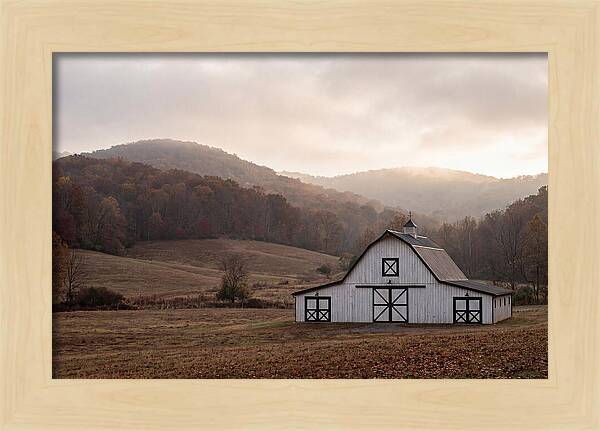 White Barn Against Autumn Landscape