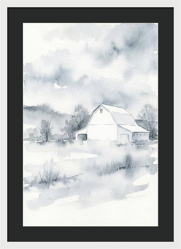 White Barn In Misty Landscape