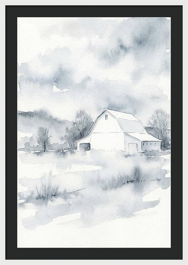 White Barn In Misty Landscape