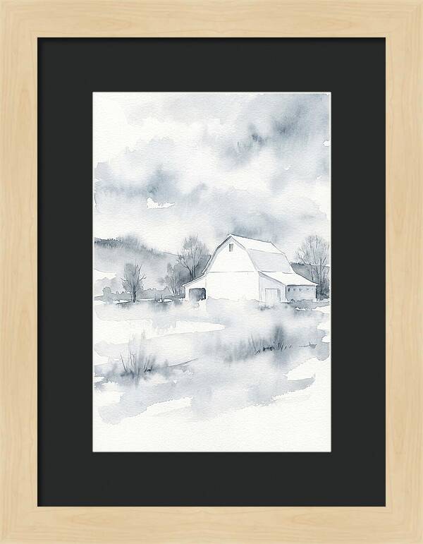 White Barn In Misty Landscape