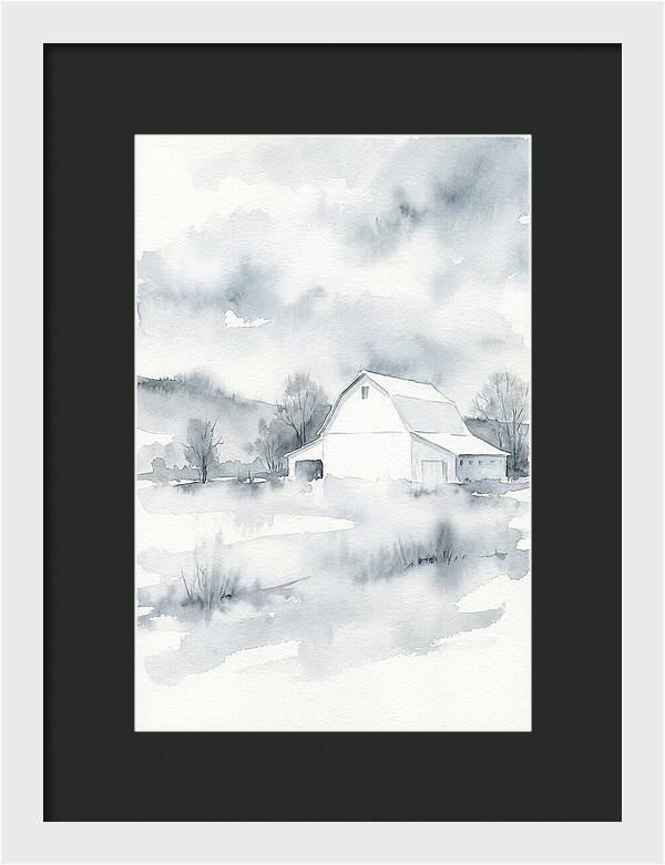 White Barn In Misty Landscape