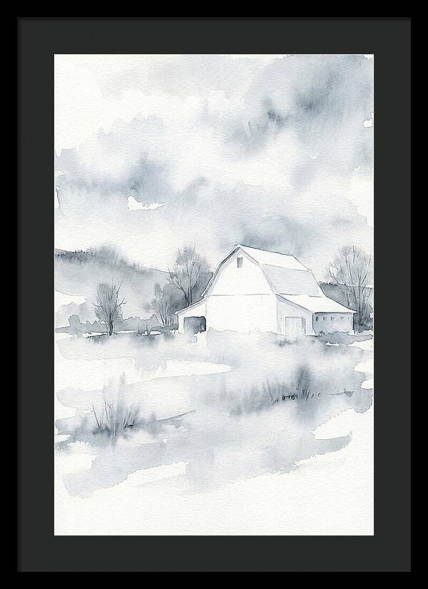 White Barn In Misty Landscape
