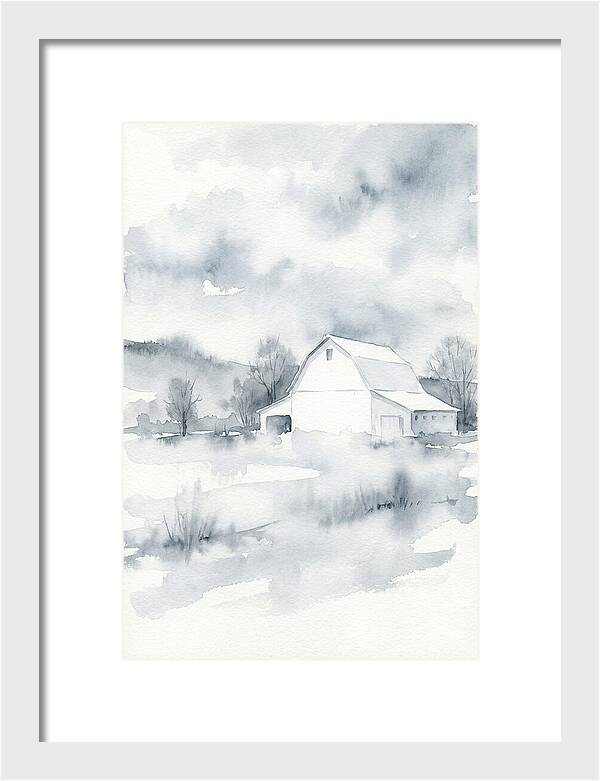 White Barn In Misty Landscape