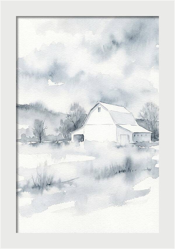White Barn In Misty Landscape