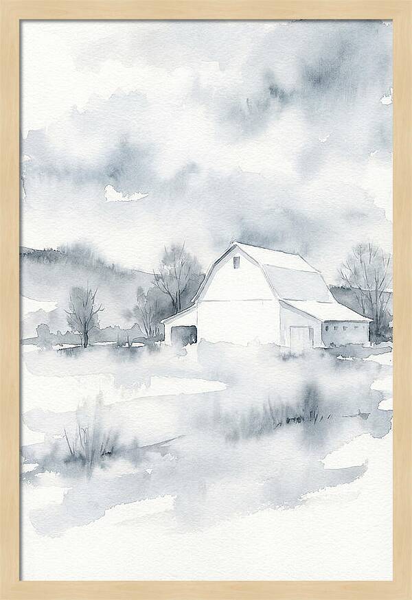 White Barn In Misty Landscape