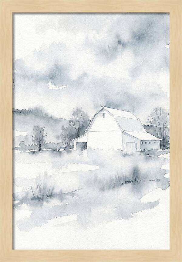 White Barn In Misty Landscape