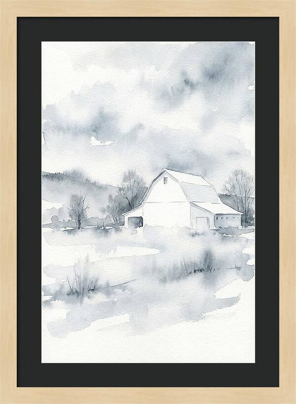 White Barn In Misty Landscape