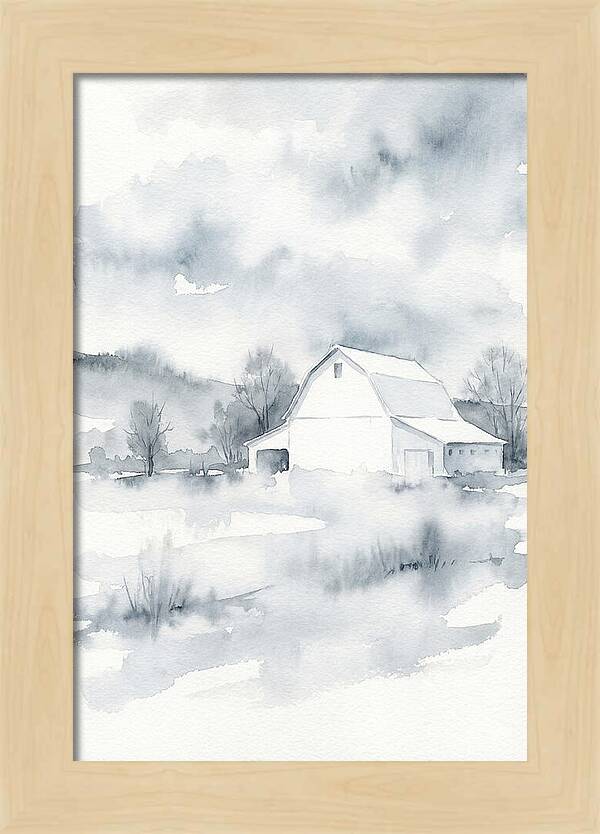 White Barn In Misty Landscape