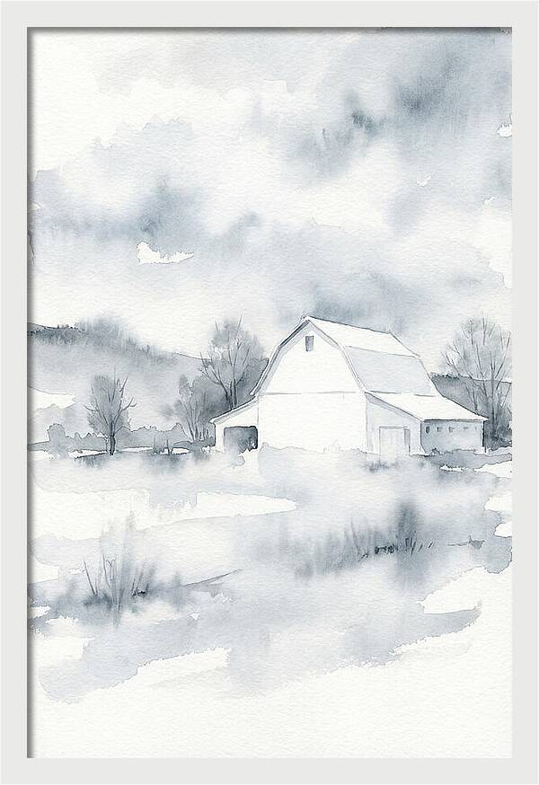 White Barn In Misty Landscape
