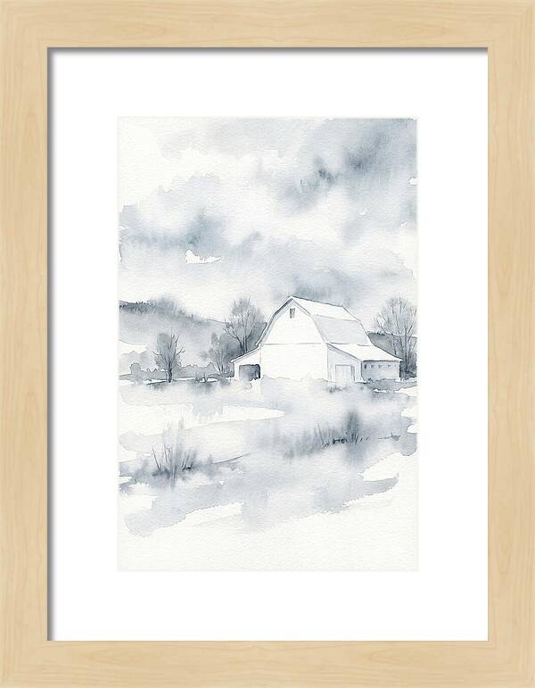 White Barn In Misty Landscape