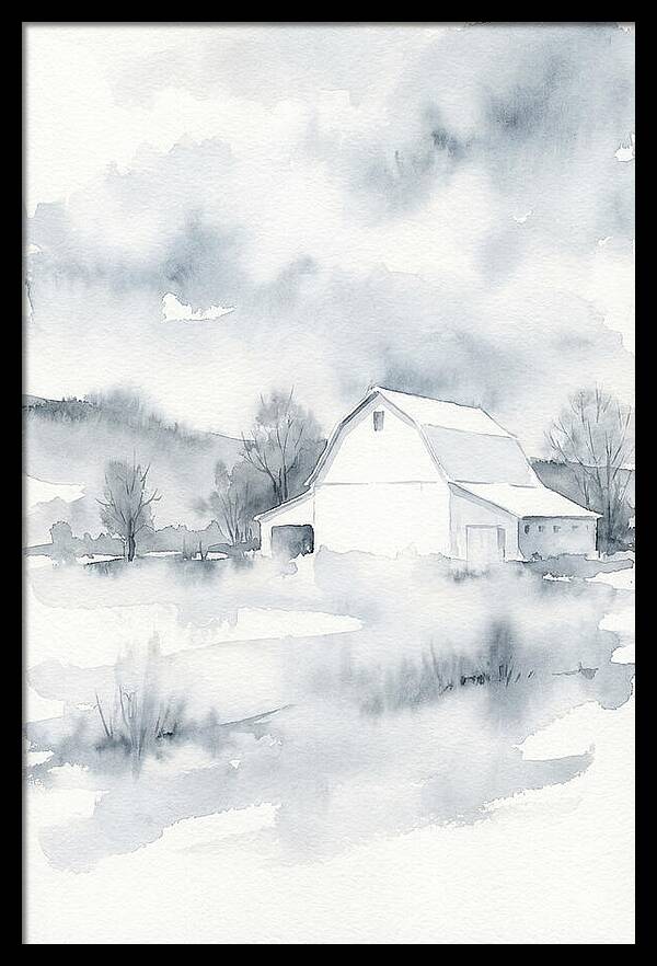 White Barn In Misty Landscape
