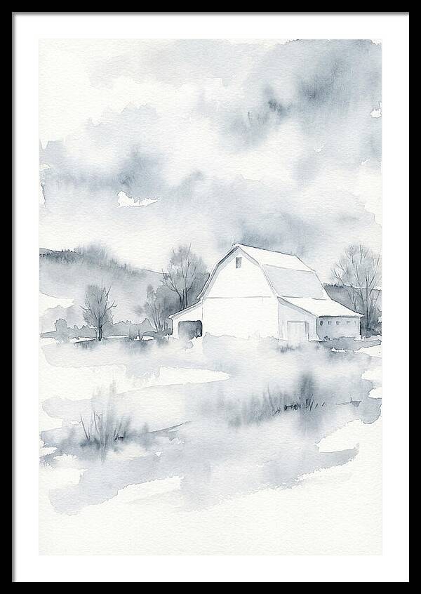 White Barn In Misty Landscape