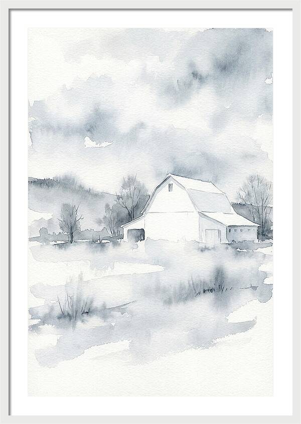 White Barn In Misty Landscape