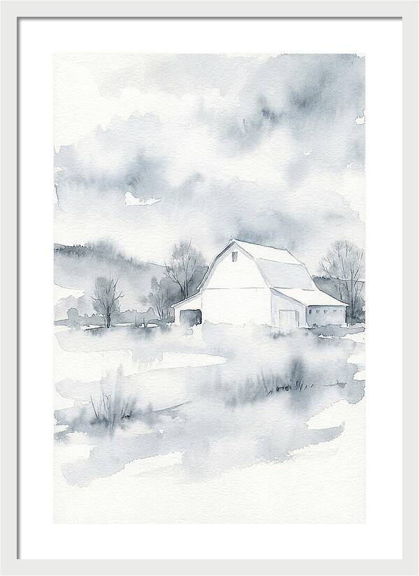 White Barn In Misty Landscape