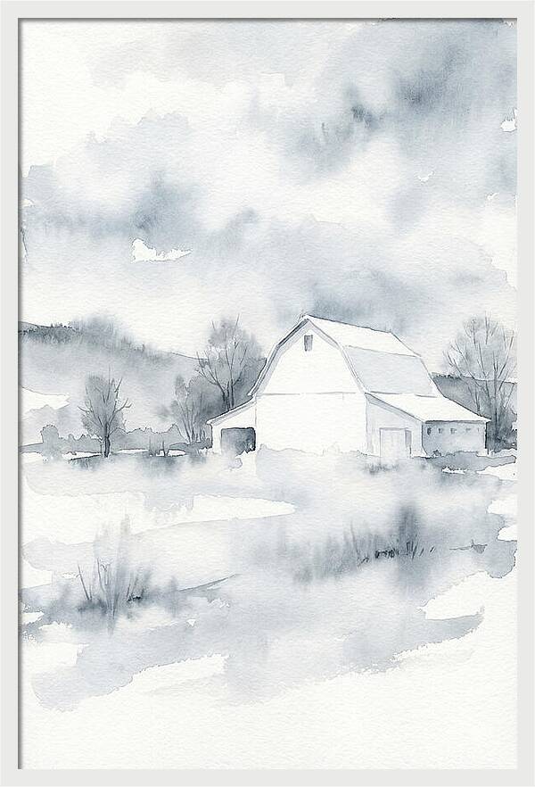 White Barn In Misty Landscape