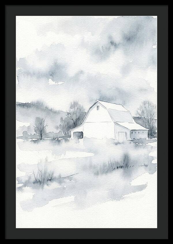 White Barn In Misty Landscape