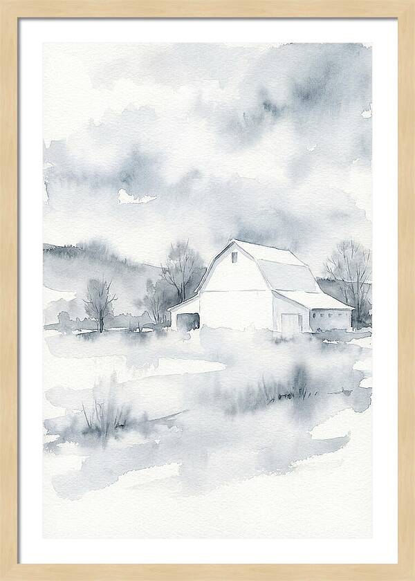 White Barn In Misty Landscape