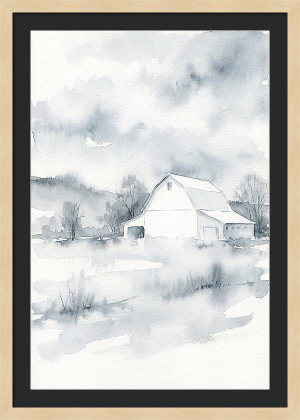 White Barn In Misty Landscape