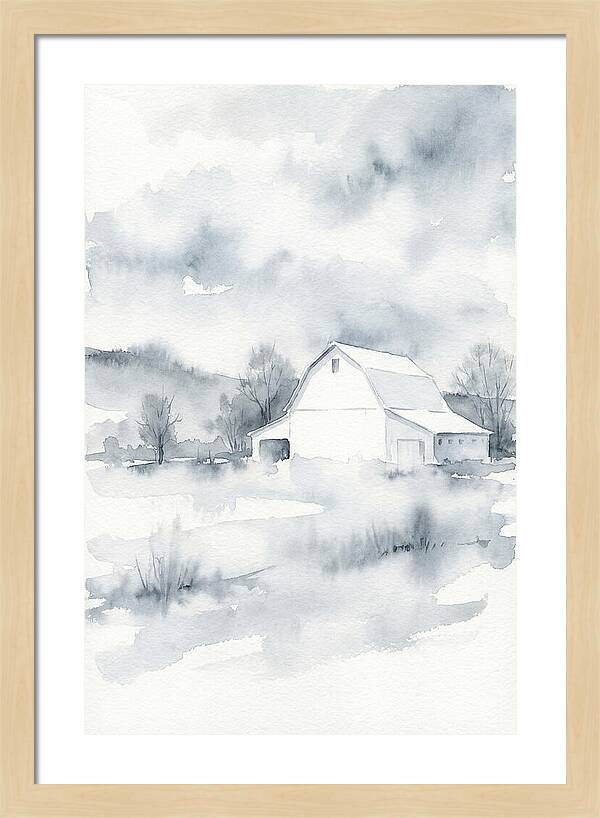 White Barn In Misty Landscape