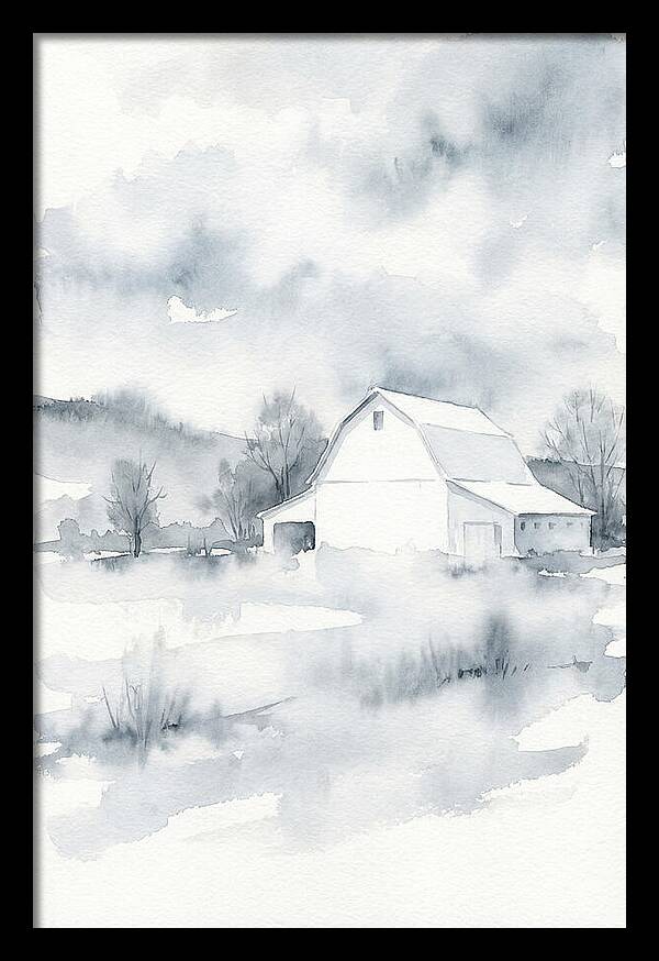 White Barn In Misty Landscape