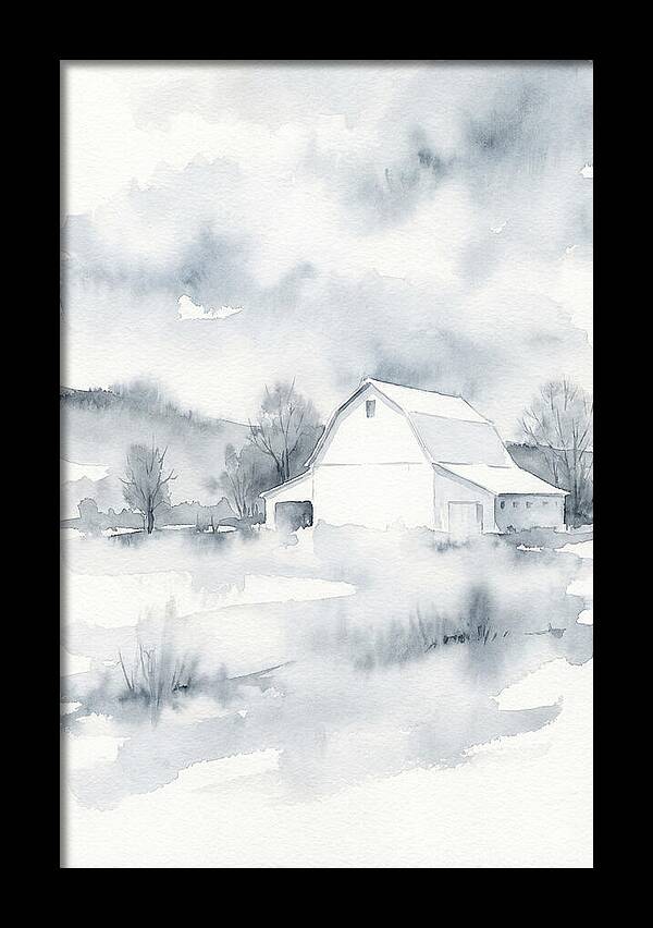 White Barn In Misty Landscape