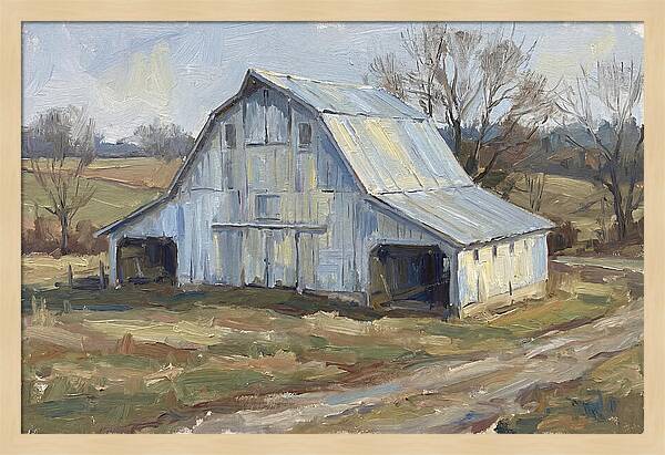 White Barn Under Soft Skies