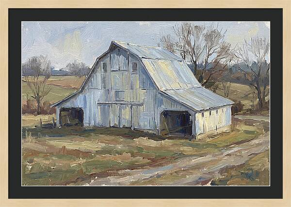 White Barn Under Soft Skies
