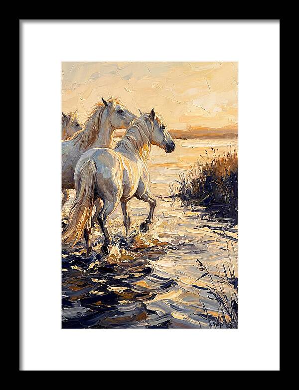 White Camargue Horses Splashing