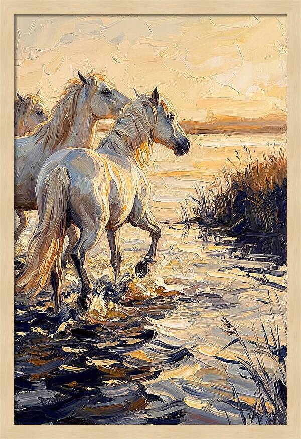 White Camargue Horses Splashing
