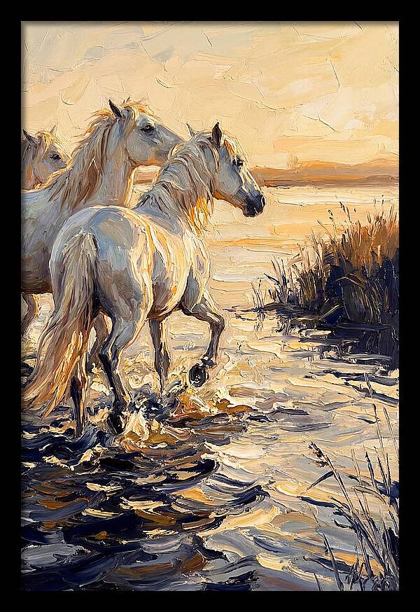 White Camargue Horses Splashing