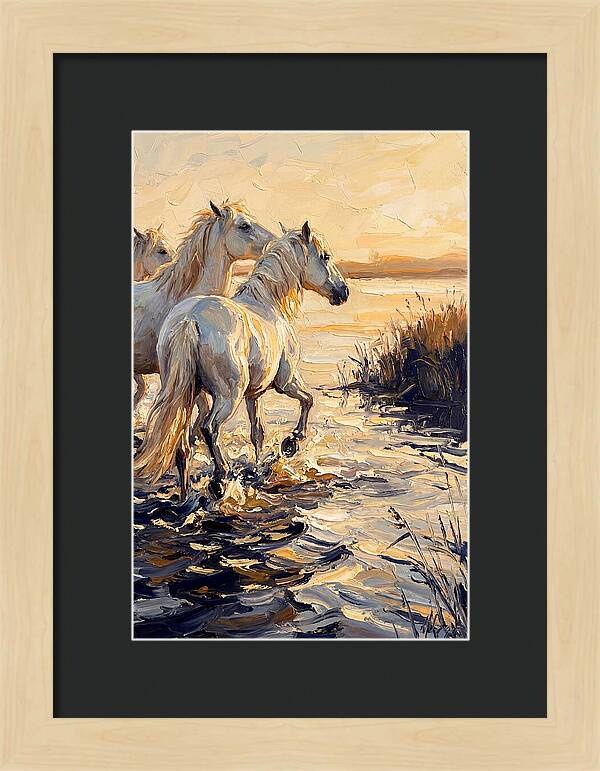 White Camargue Horses Splashing