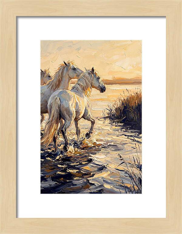 White Camargue Horses Splashing