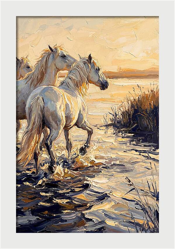 White Camargue Horses Splashing