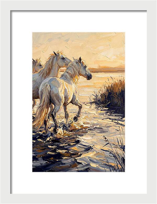 White Camargue Horses Splashing
