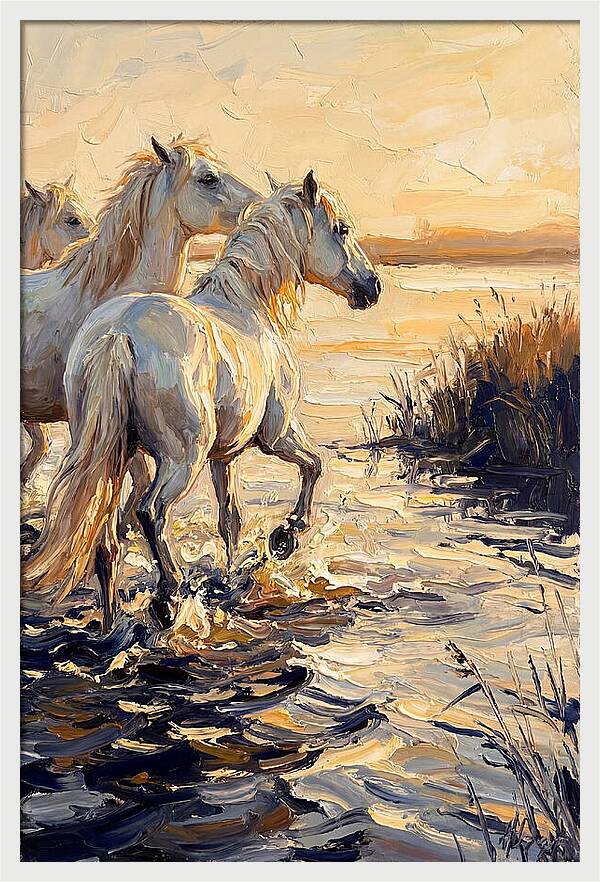 White Camargue Horses Splashing