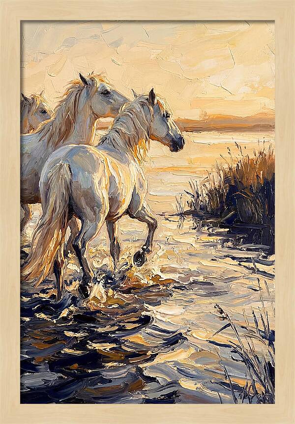 White Camargue Horses Splashing