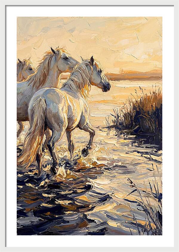 White Camargue Horses Splashing